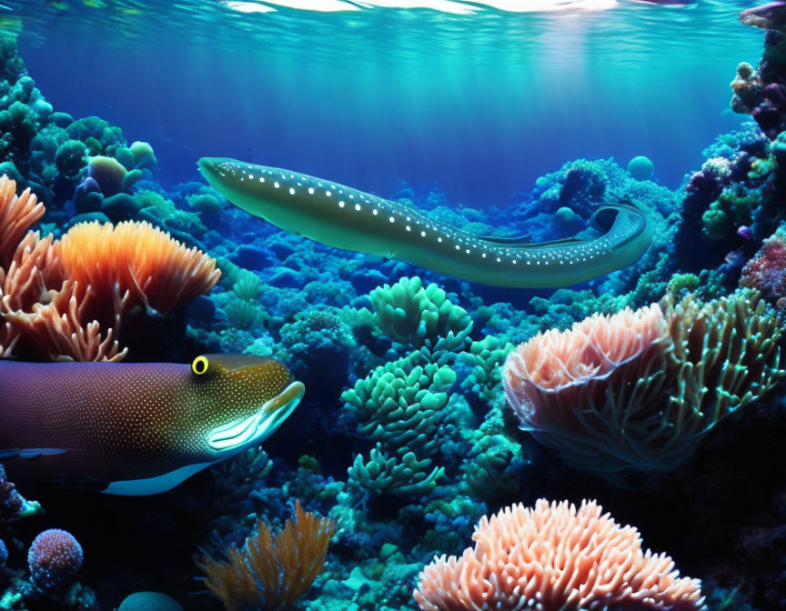 Colorful coral reefs with moray eel and fish in underwater scene