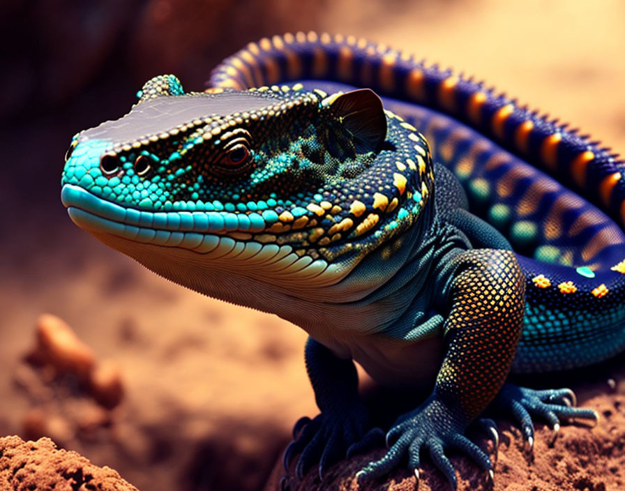 Colorful lizard on red-brown soil with blue and yellow scales