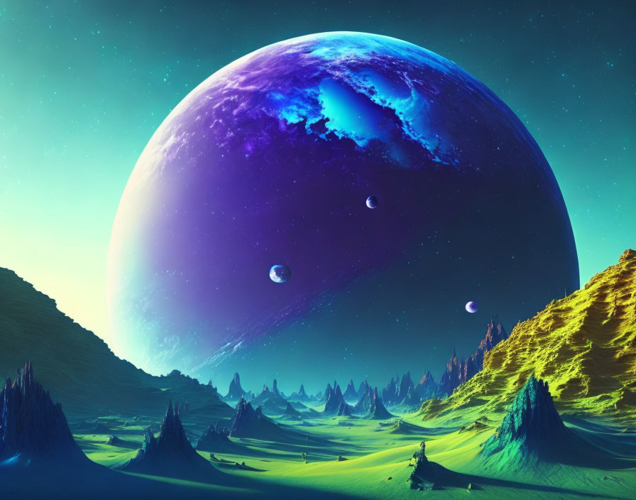 Large Purple Planet Rises Over Alien Landscape