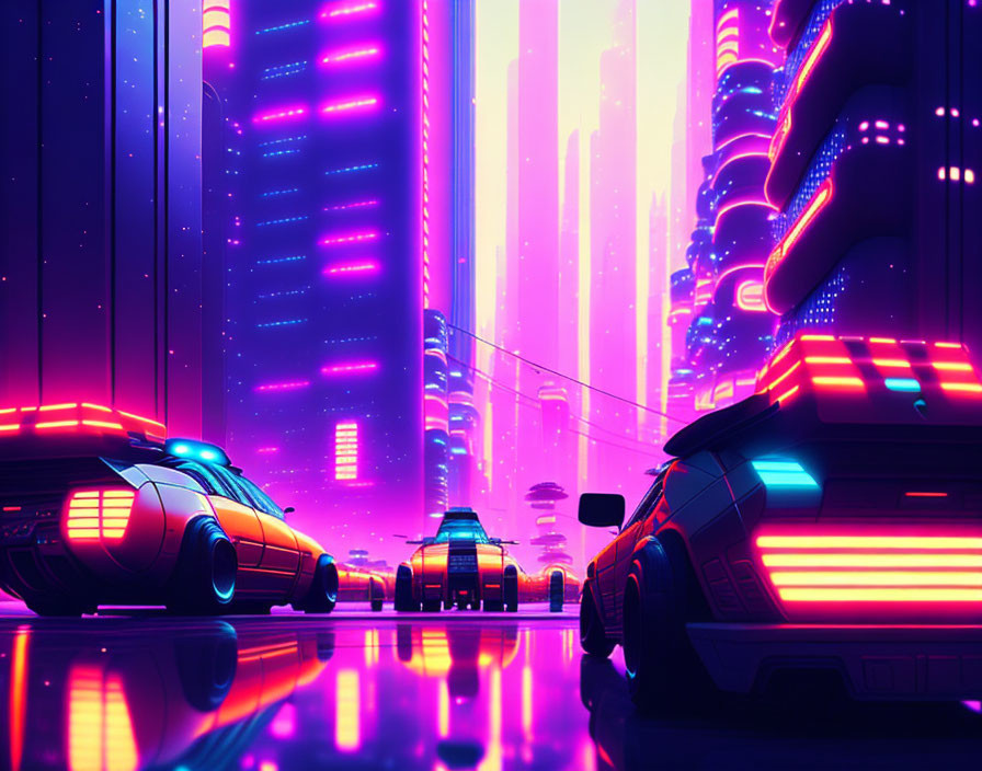 Vivid neon-lit cityscape with flying cars and skyscrapers