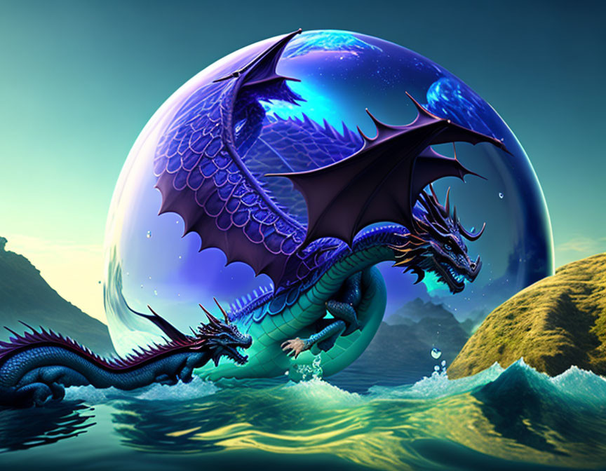 Fantastical dragon flowing into sea with mountain backdrop and luminous orb.