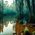 Tranquil swamp scene with moss-covered trees, lily pads, and green frogs