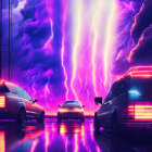 Futuristic night cityscape with neon lights and wet street