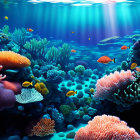 Colorful coral reefs with moray eel and fish in underwater scene