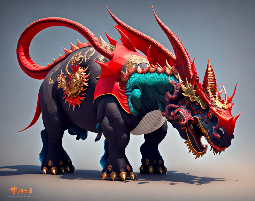 Bull and dragon hybrid with elaborate horns and red-blue color scheme