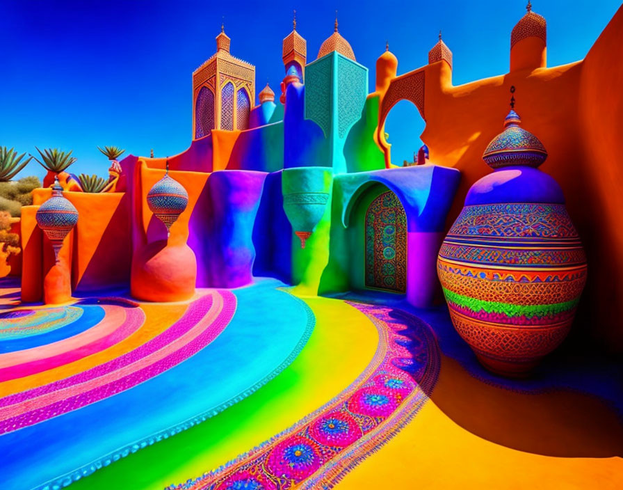 Colorful Wavy Architectural Structures in Surreal Landscape