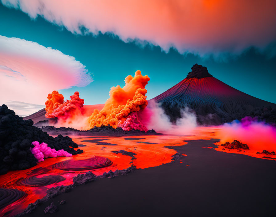 Colorful volcanic landscape with erupting cone-shaped volcano and orange lava under surreal sky.