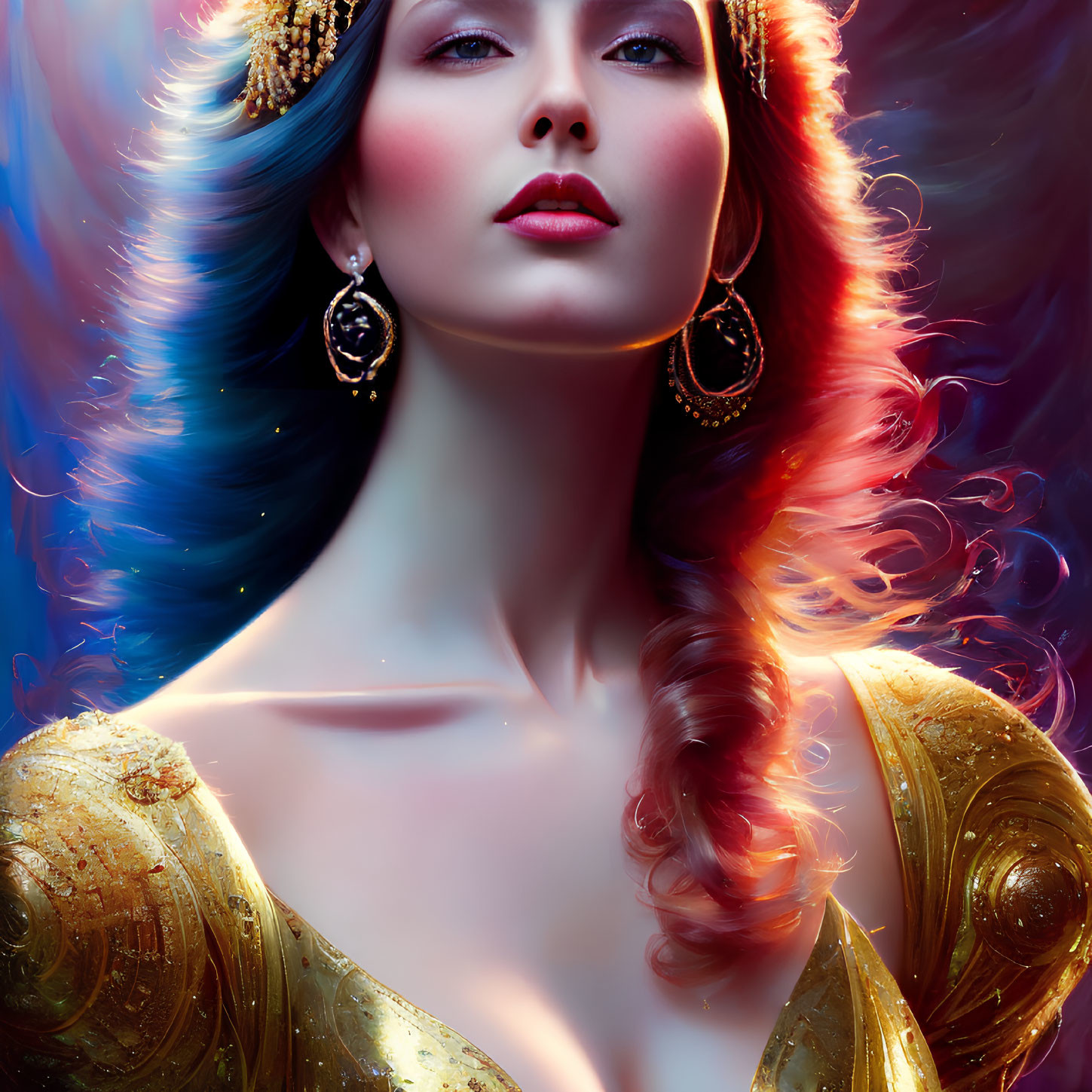 Portrait of woman with blue and red hair, golden crown, gazing upward in soft backdrop