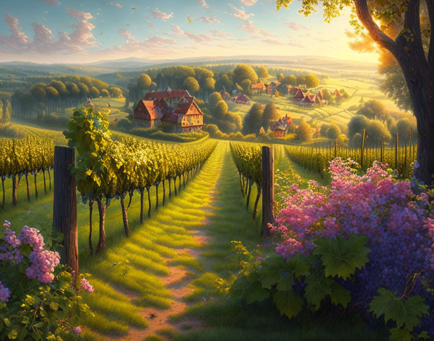 Sunset vineyard landscape with grapevines, flowers, golden sky, and houses