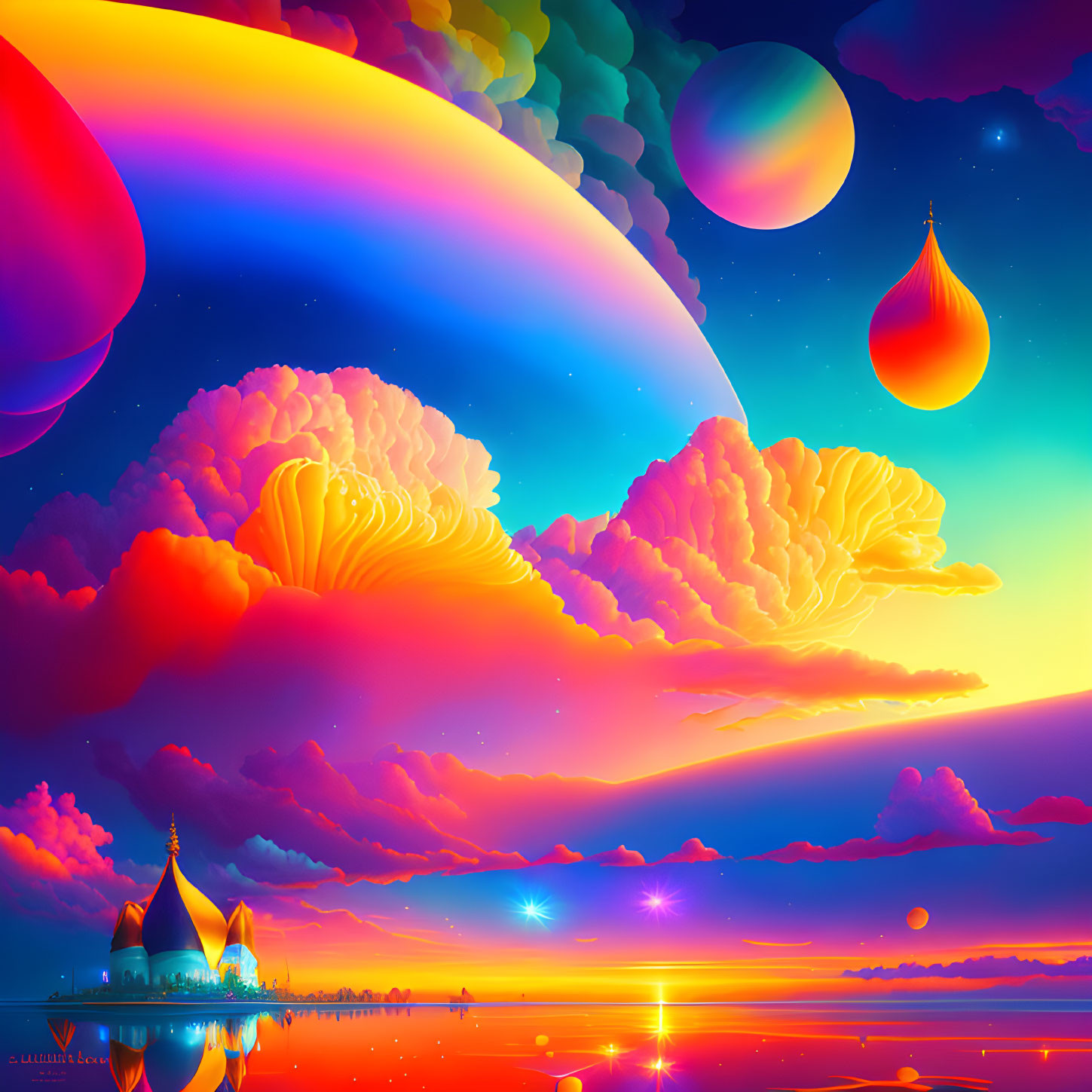 Fantasy landscape with colorful clouds, temple, multiple suns, and teardrop object