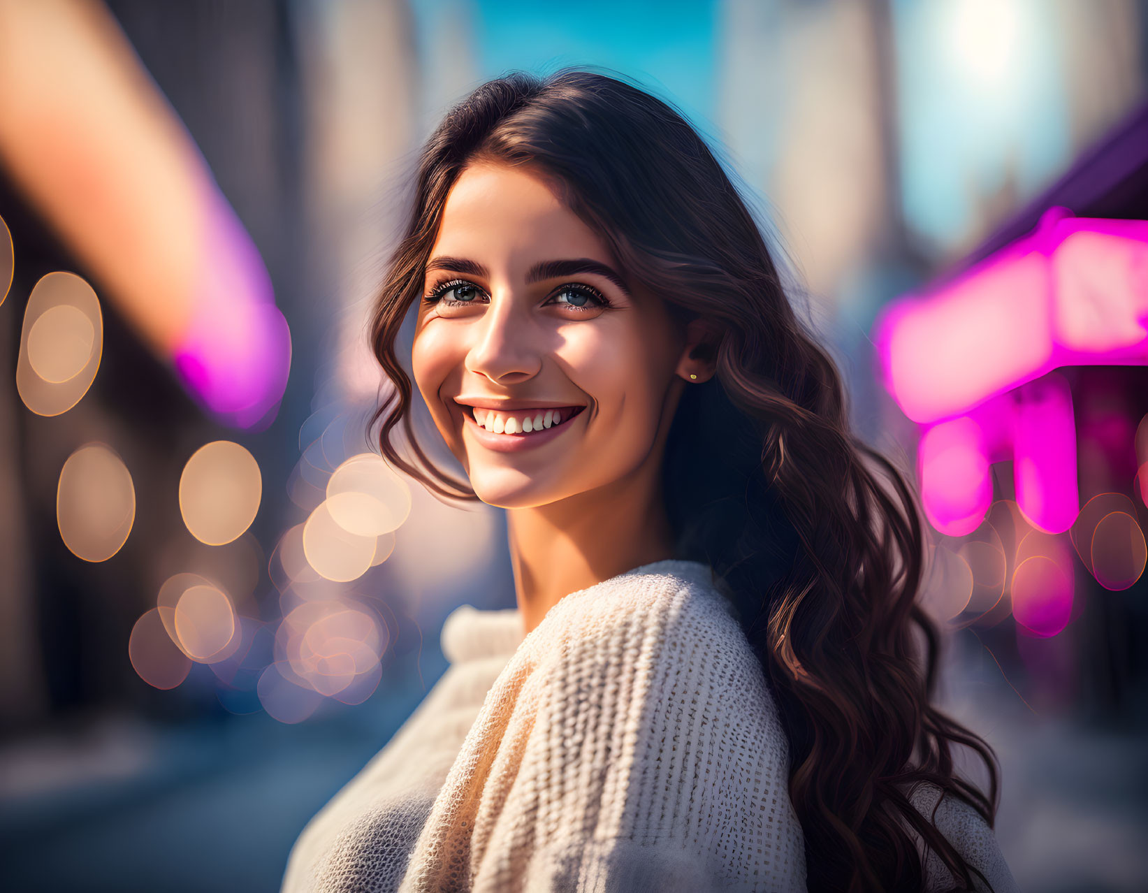 Smiling woman in white sweater against city lights.