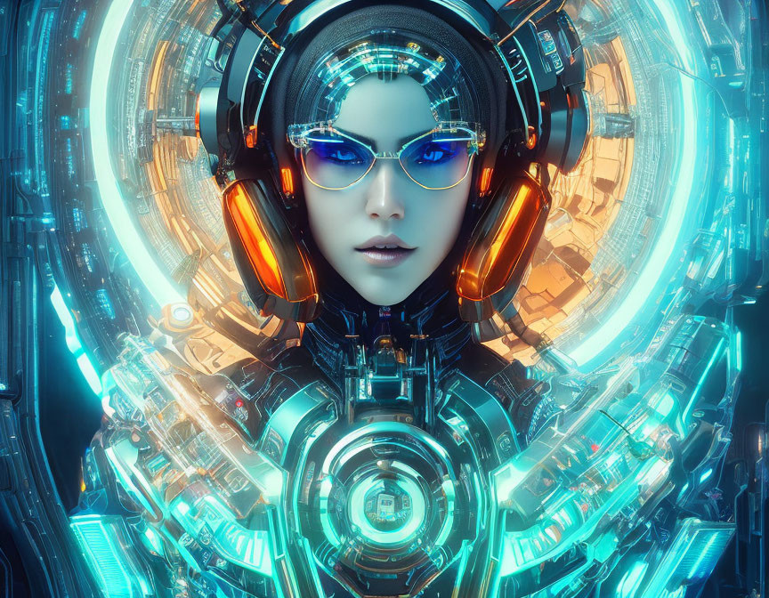 Sophisticated Female Cyborg with Glowing Blue Eyes and Mechanical Suit