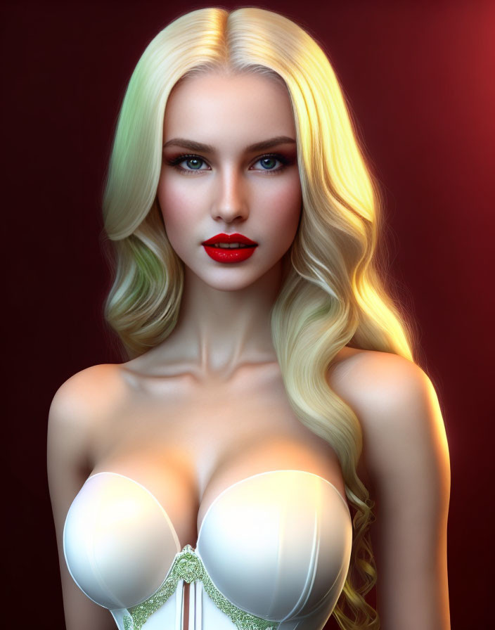 Blonde Woman with Blue Eyes and Red Lipstick on Red Background