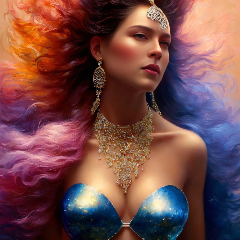 Multicolored hair woman adorned with gold jewelry.