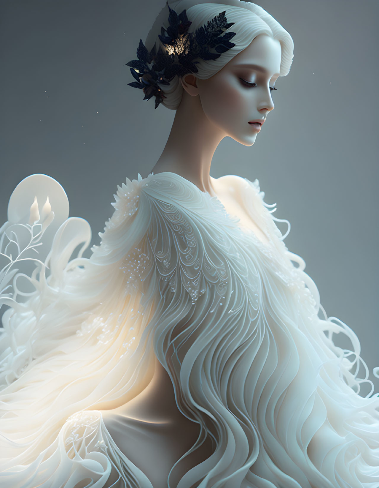 Ethereal woman with intricate white hair and glowing garment