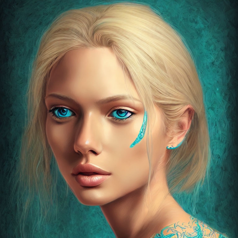 Portrait of a woman with blue eyes, blonde hair, and teal makeup featuring tear motif.