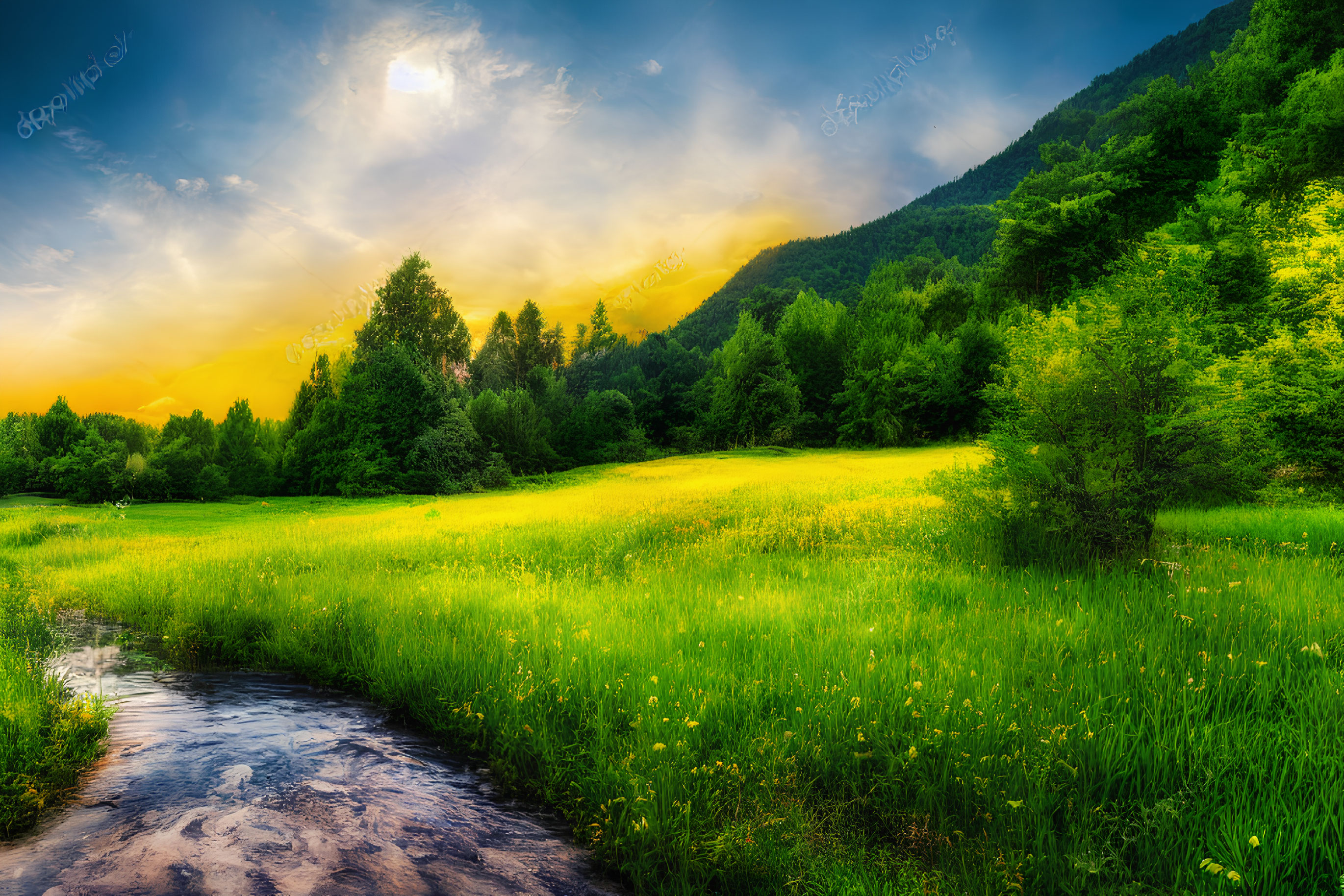 Scenic green meadow with wildflowers, stream, forested hills, and sunset sky