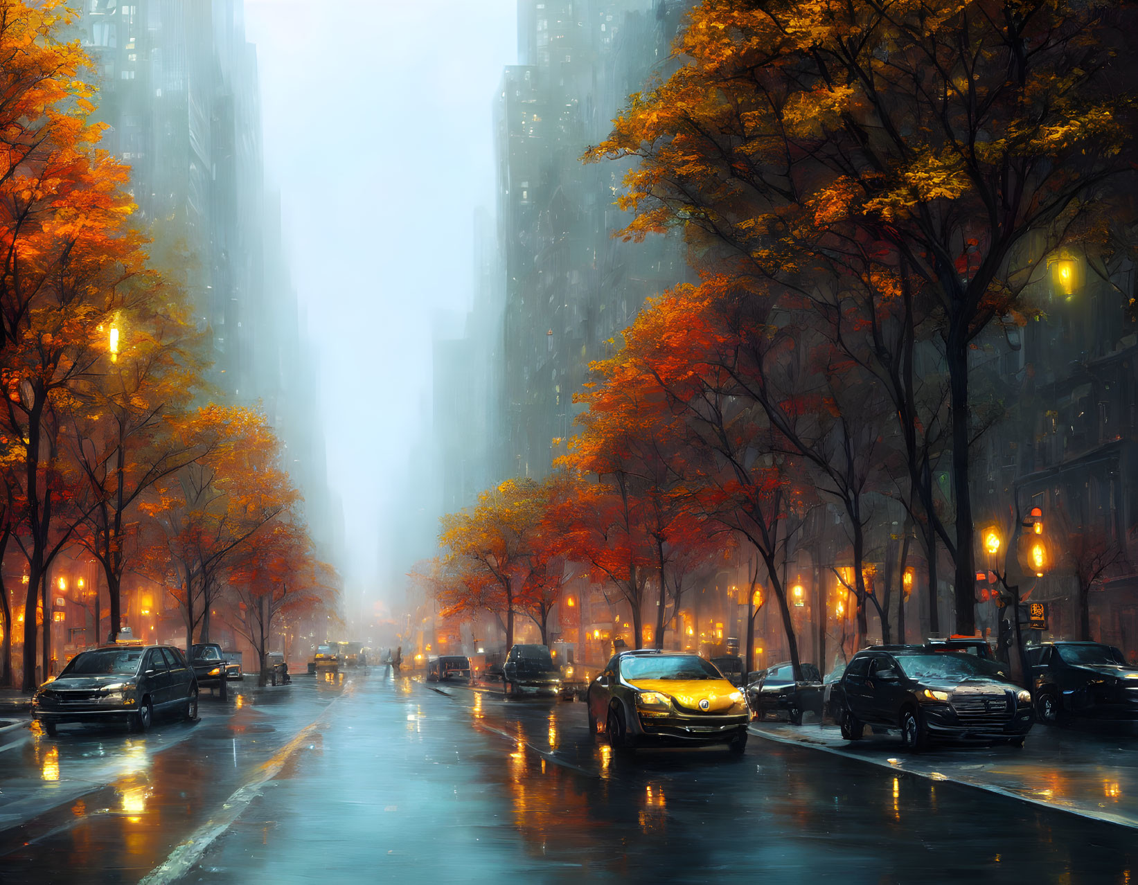 Misty Urban Street with Orange Trees in Autumn at Night