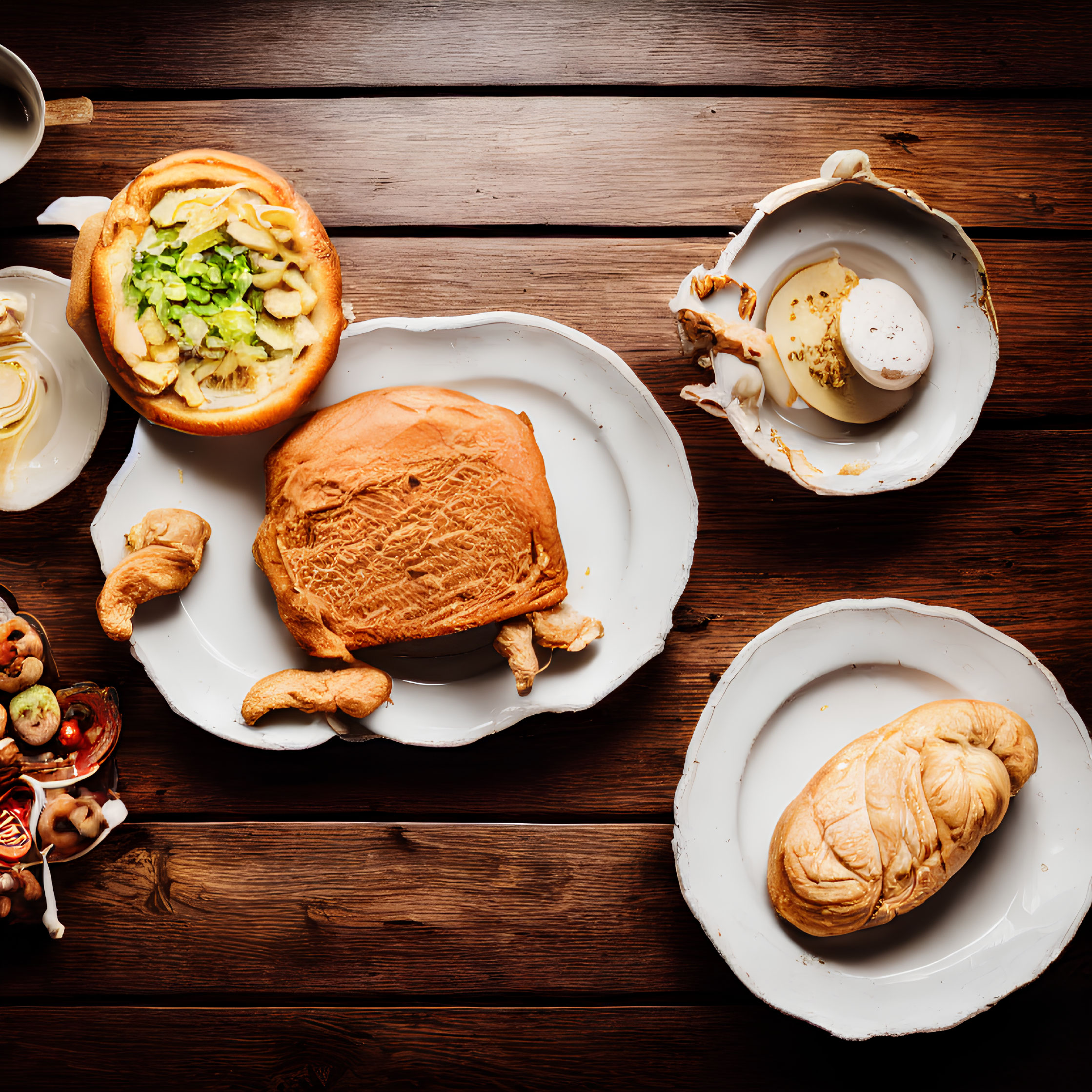 Rustic Wooden Table Set with Soup in Bread Bowl & Mushrooms