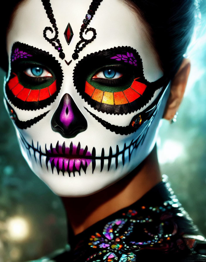 Colorful Day of the Dead sugar skull makeup with jewel accent