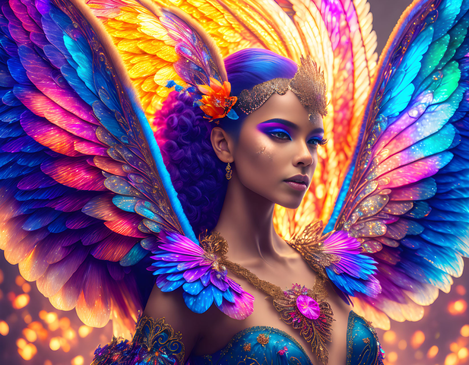 Vibrant digital artwork of woman with butterfly wings & exotic jewelry