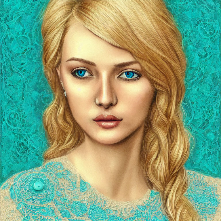 Digital portrait: Woman with blue eyes, blonde braid, lace turquoise top