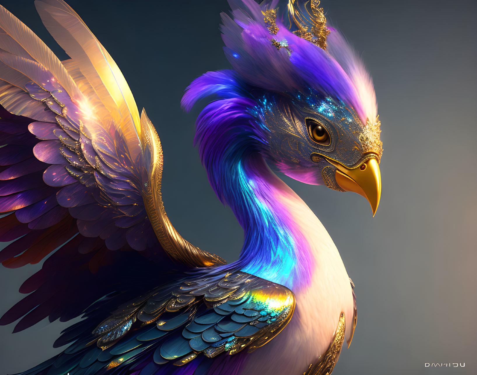 Majestic bird with iridescent feathers and golden crown