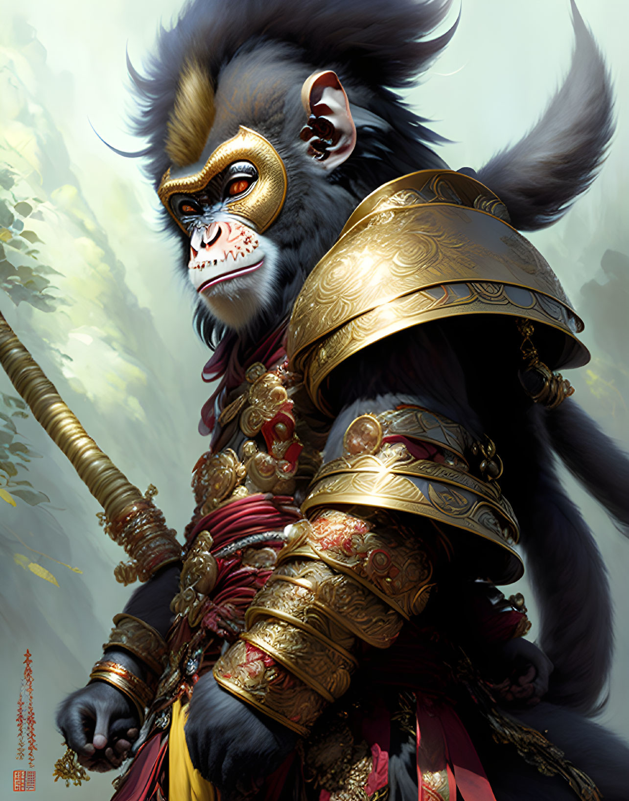 Majestic monkey warrior in golden armor with staff on cloudy backdrop