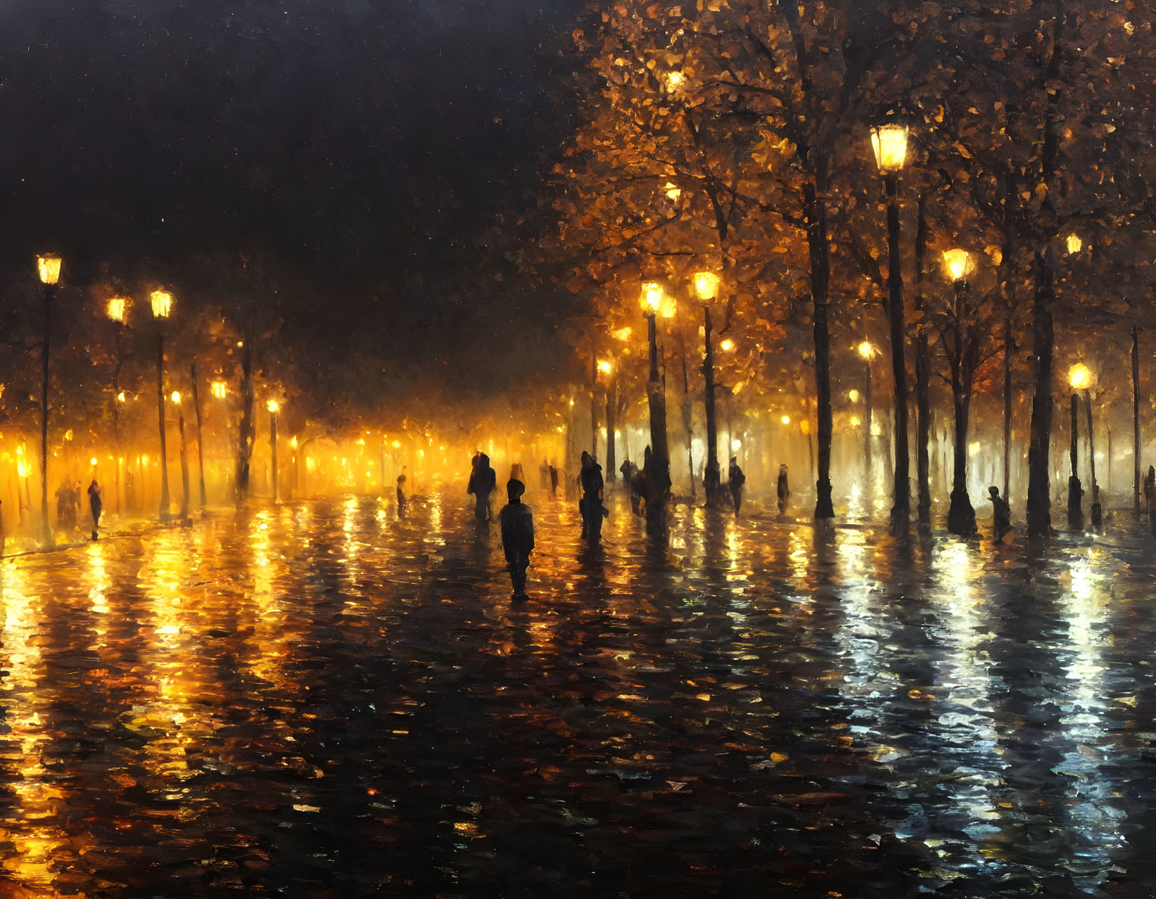 Nighttime street scene with tree-lined street, illuminated by street lamps, wet pavement reflections, and sil