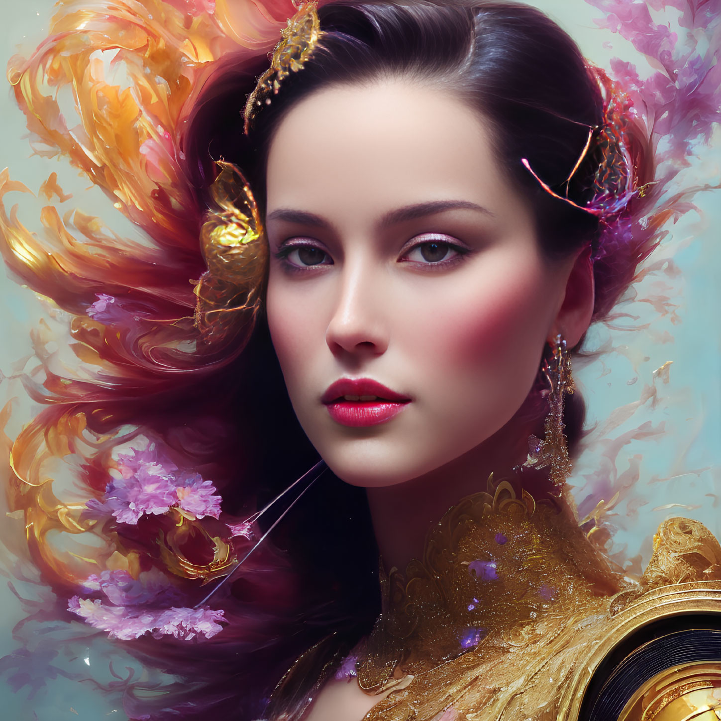 Striking woman with golden accents and floral elements on soft background