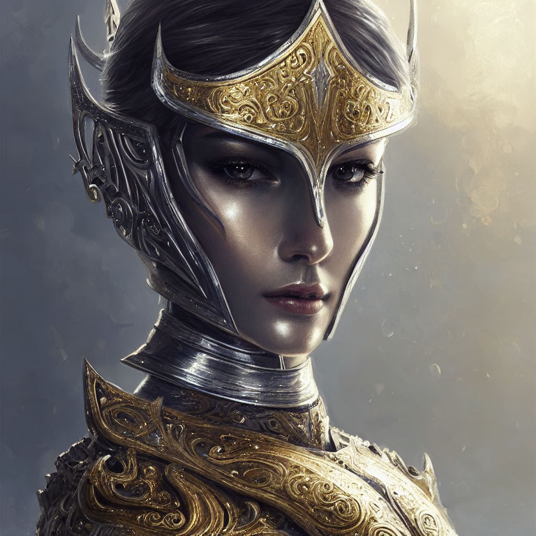 Medieval armor-inspired portrait of a woman with intricate gold designs