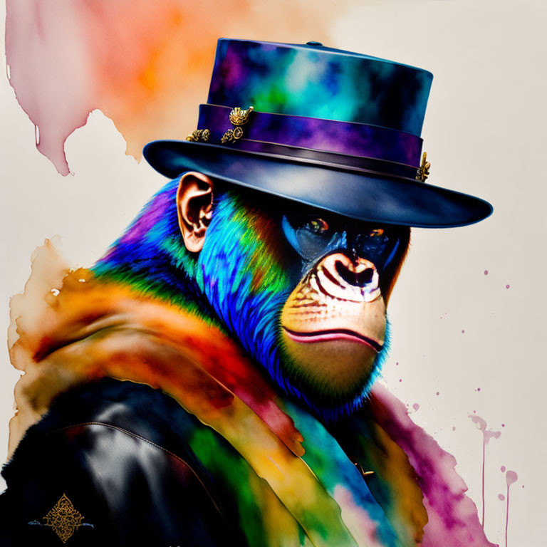 Colorful Baboon in Top Hat with Gears on Paint Splatter Background