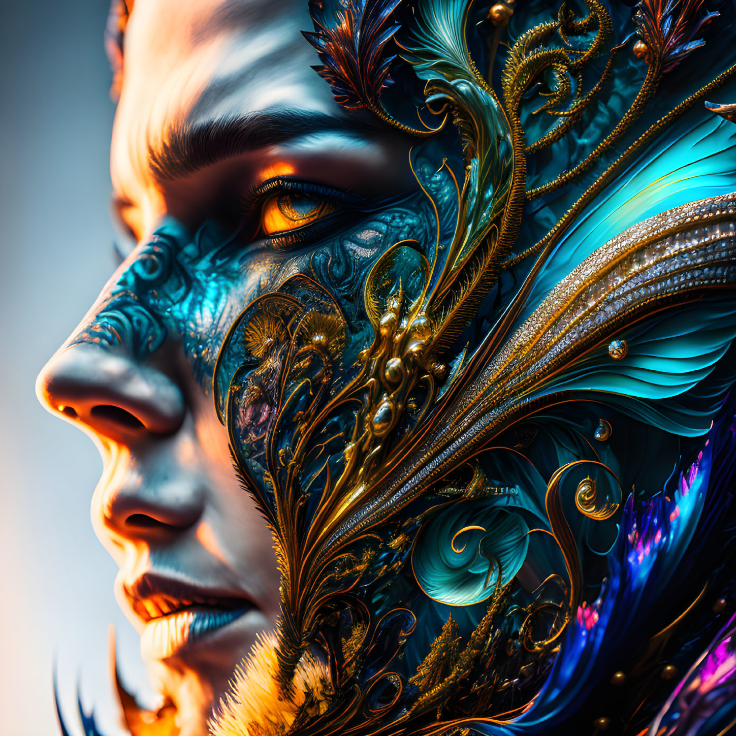Colorful digital art portrait with golden filigree on face against blue background