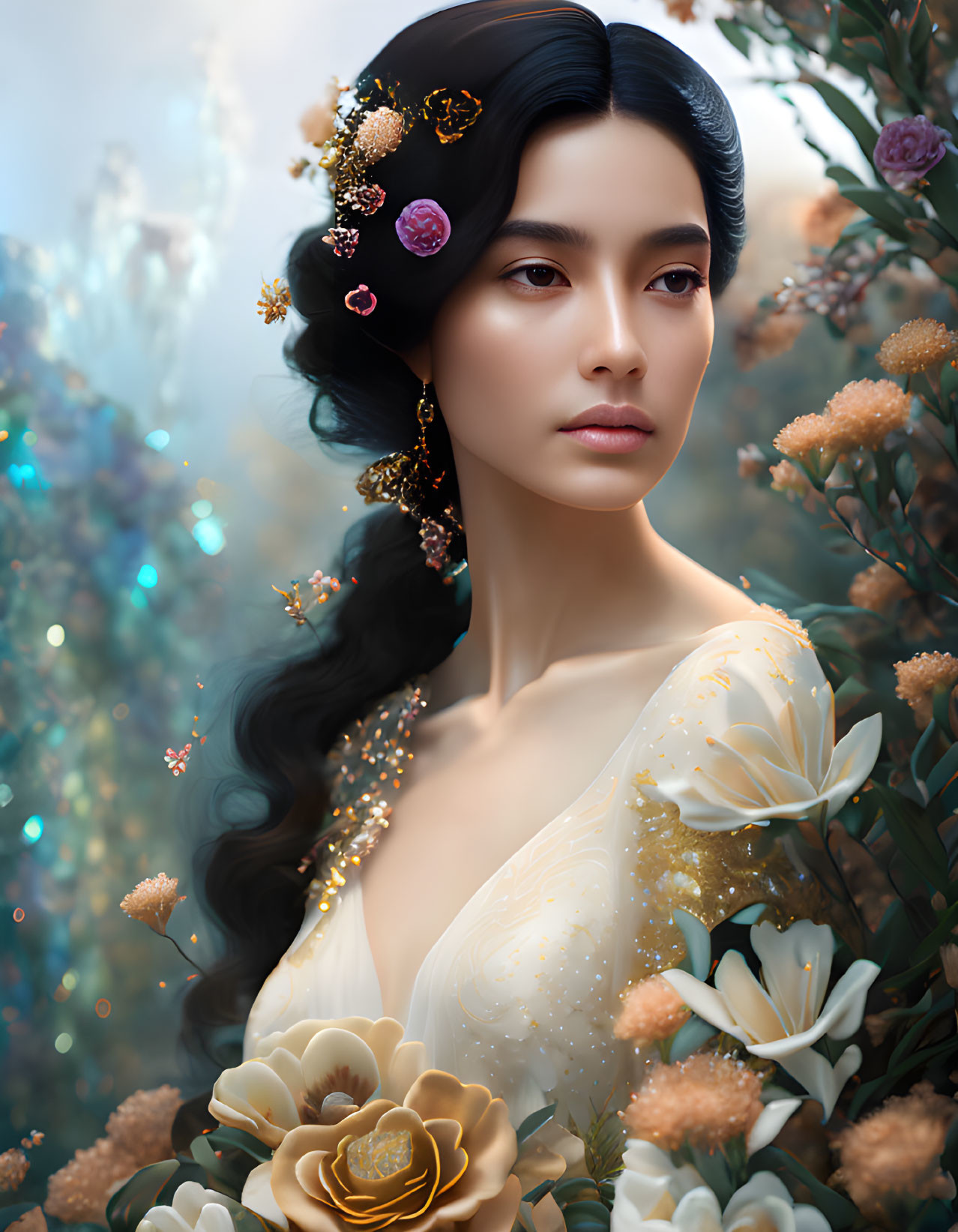 Ethereal woman with elegant hair accessories in floral outfit