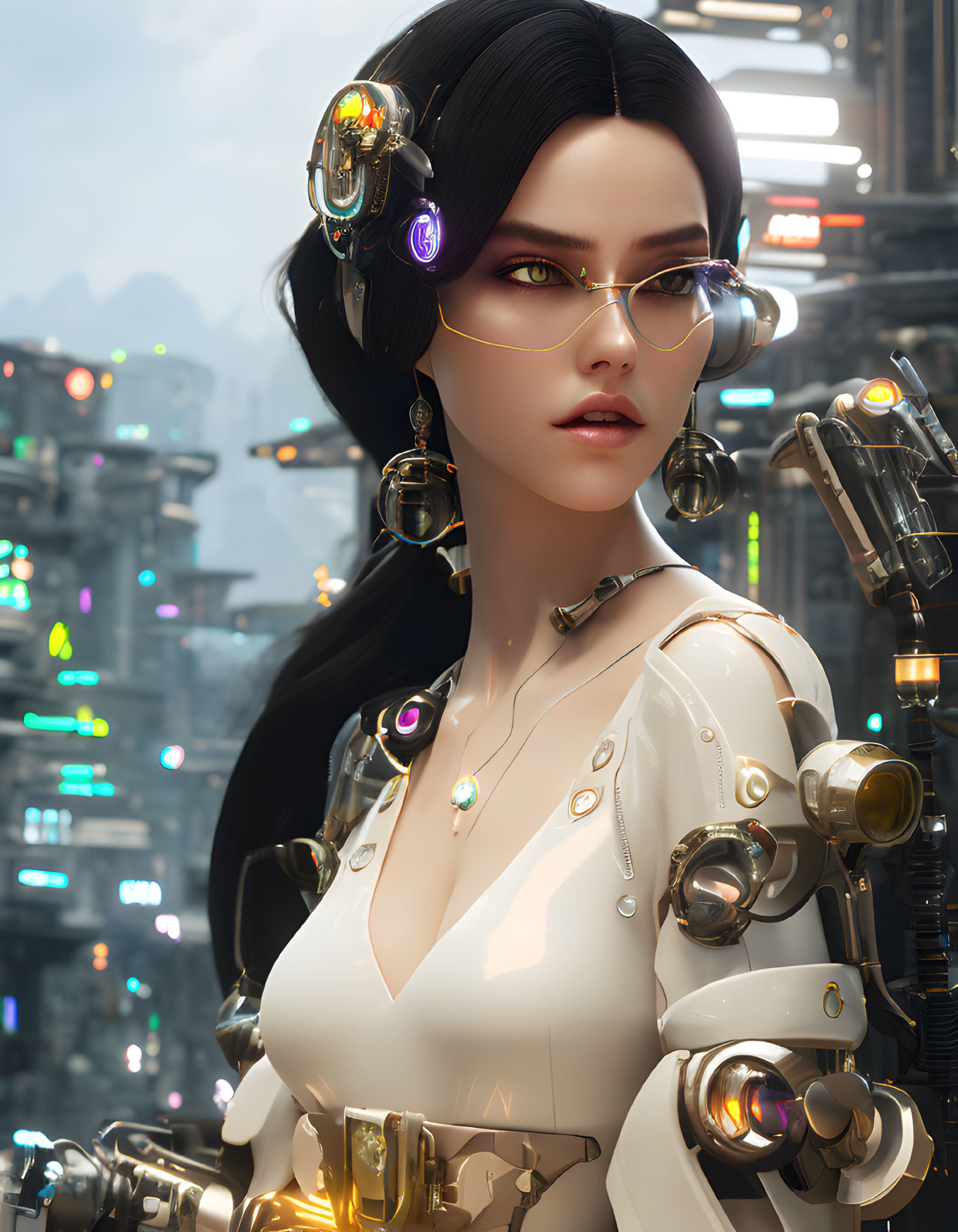 Futuristic female character with cybernetic enhancements in neon-lit city