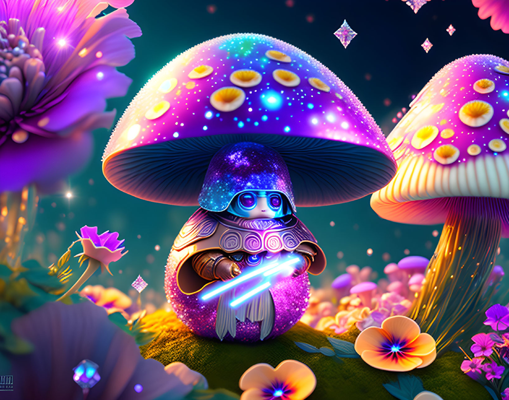 Colorful digital artwork: whimsical robot under large mushroom in fantasy setting