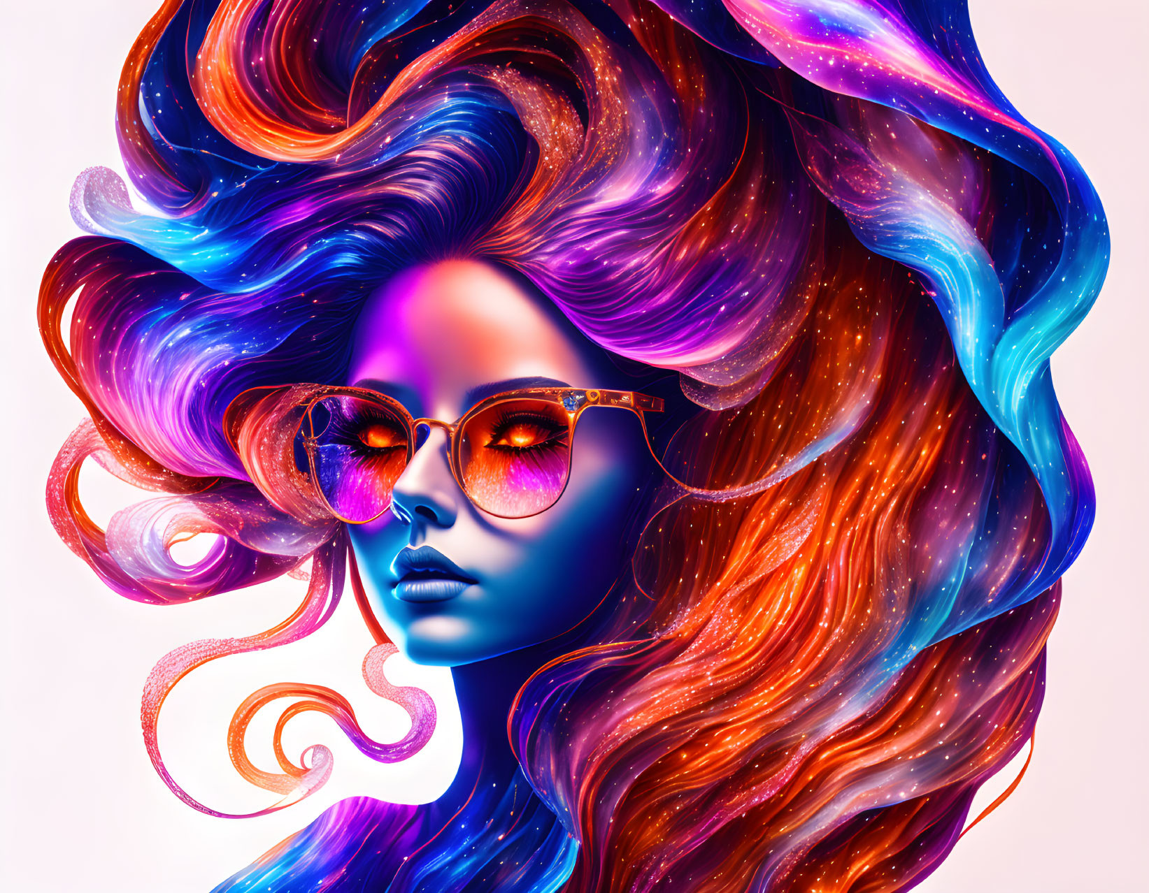 Colorful digital artwork of a woman with cosmic hair and round sunglasses