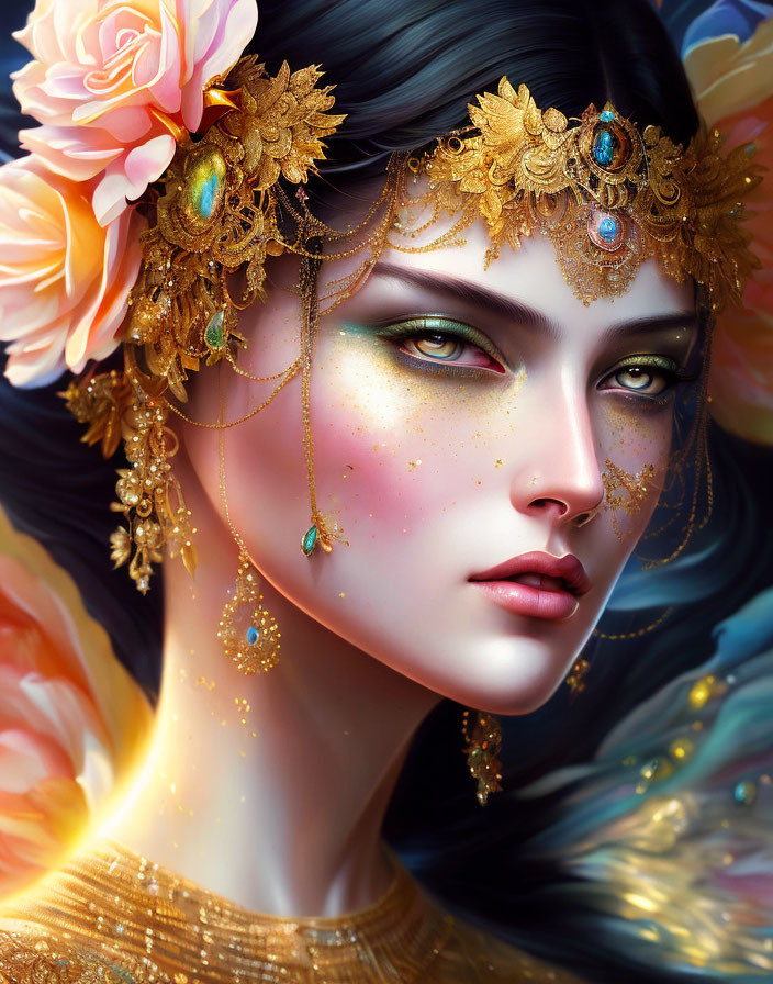 Digital Artwork: Woman with Striking Green Eyes and Gold Jewelry