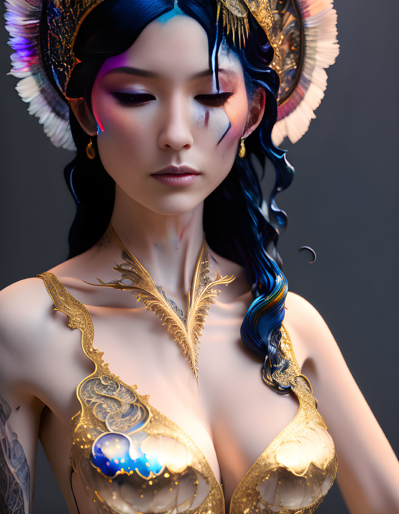 Woman with Blue-Black Hair in Fantasy Golden Attire