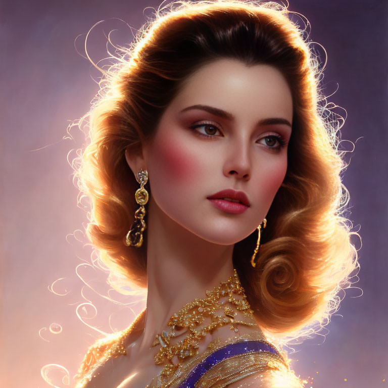 Elegant woman digital portrait with golden jewelry on purple background