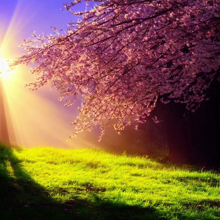 Cherry blossom tree in full bloom with sun rays on green grass