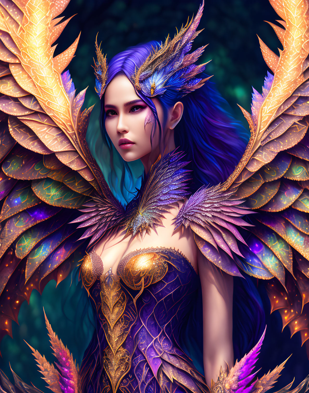 Fantasy character with purple hair, golden wings, and intricate armor in dark forest.