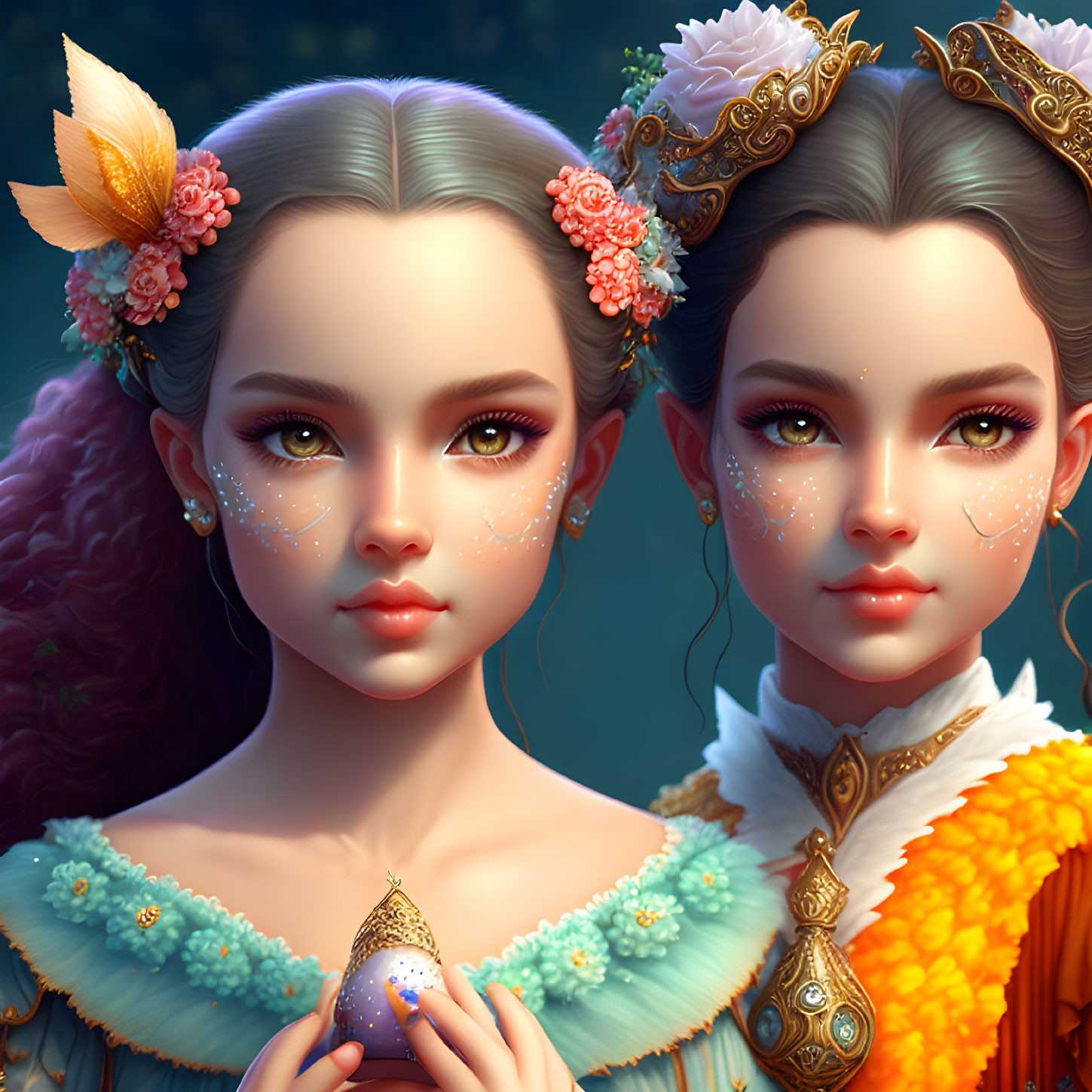 Fantasy characters with intricate hairstyles and colorful dresses holding a decorative egg