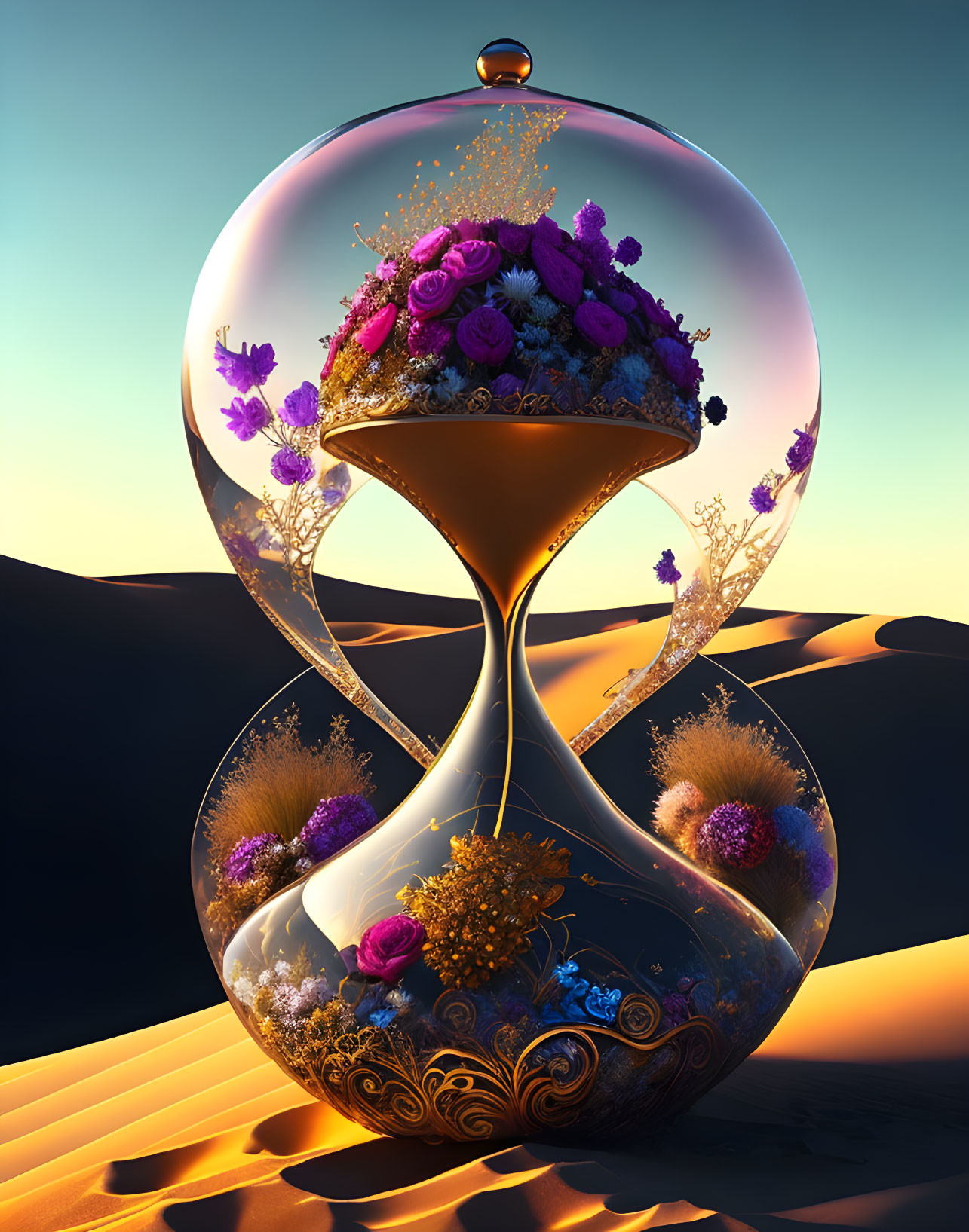 Colorful Flower Hourglass in Surreal Desert Landscape