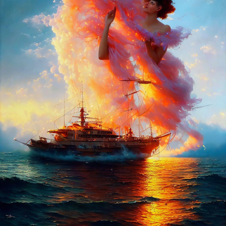 Surreal image: ship at sea merges with fiery silhouette of woman in flames against dramatic sunset