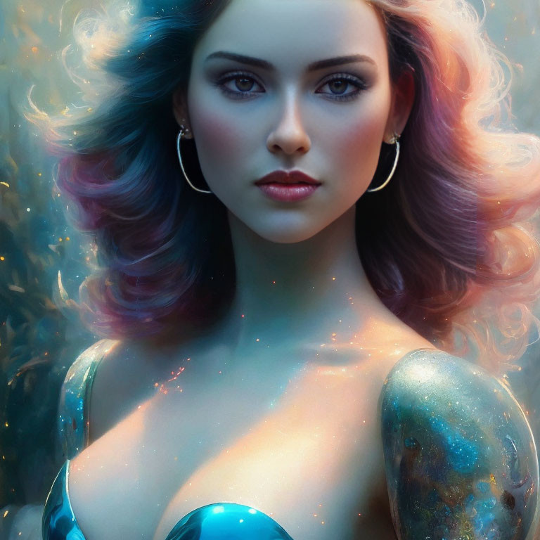 Colorful Woman Portrait with Cosmic Hair and Starry Skin Texture