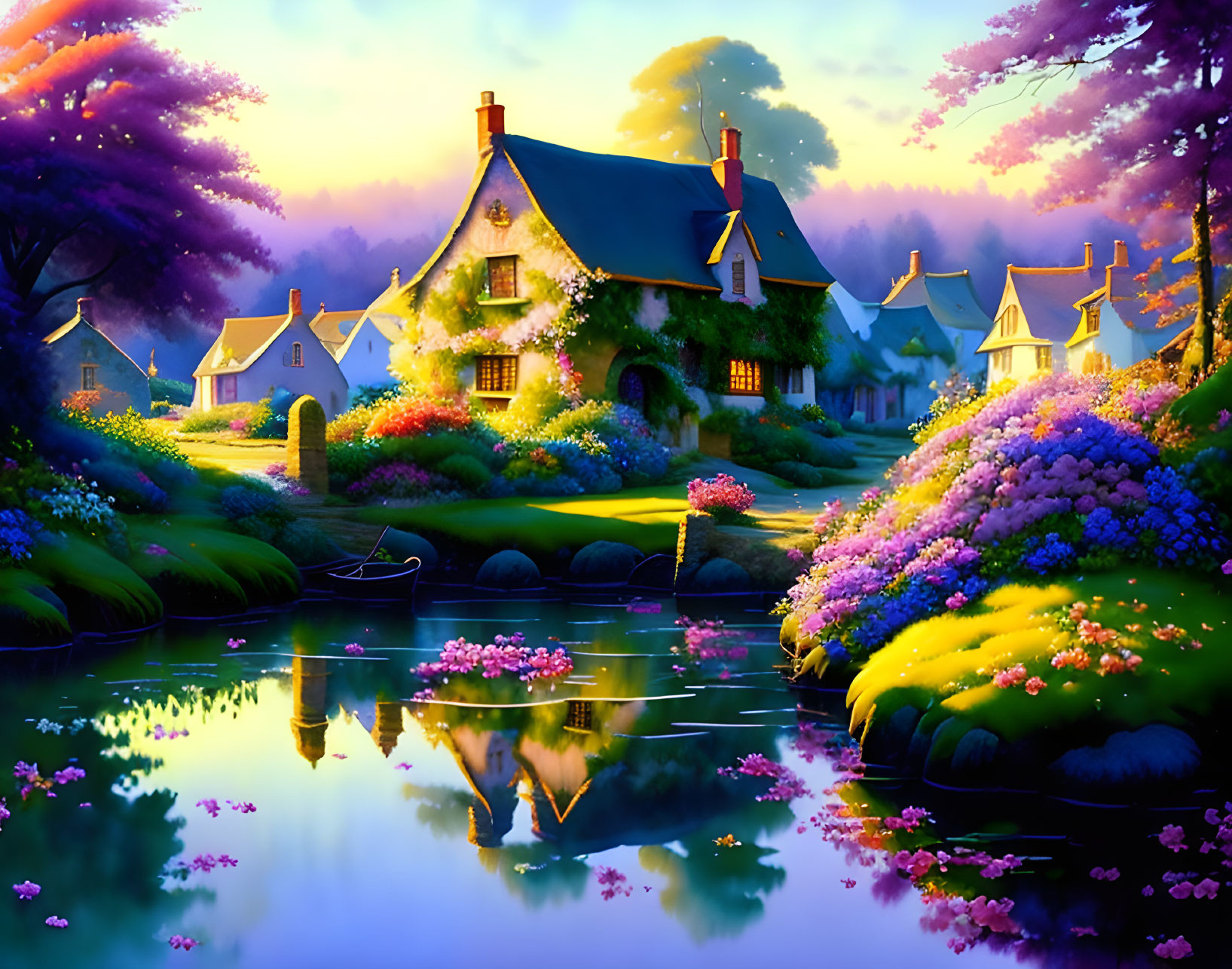 Scenic village with cozy cottages, flower gardens, and tranquil pond