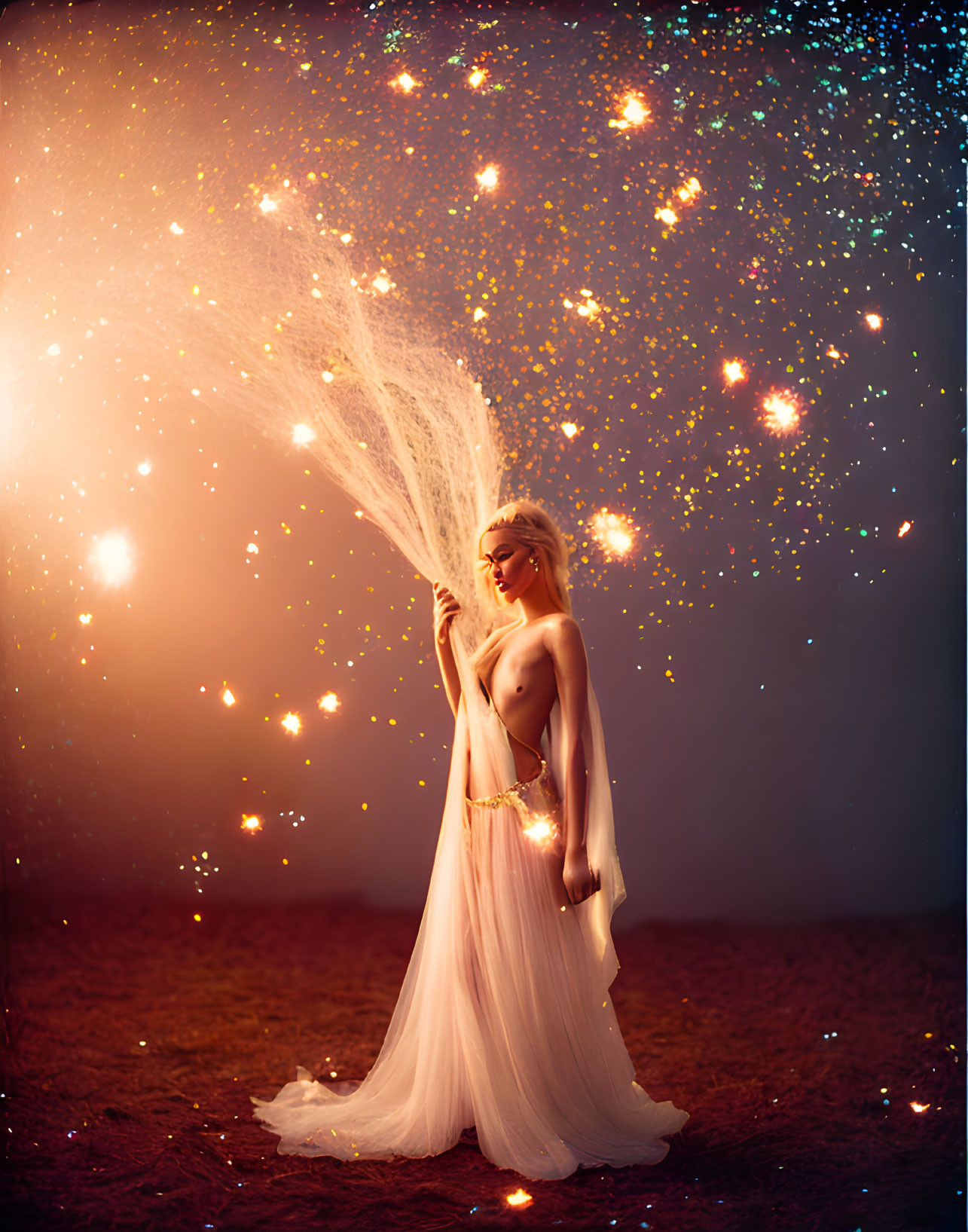 Woman in flowing white dress surrounded by sparkling lights and holding a lit branch.