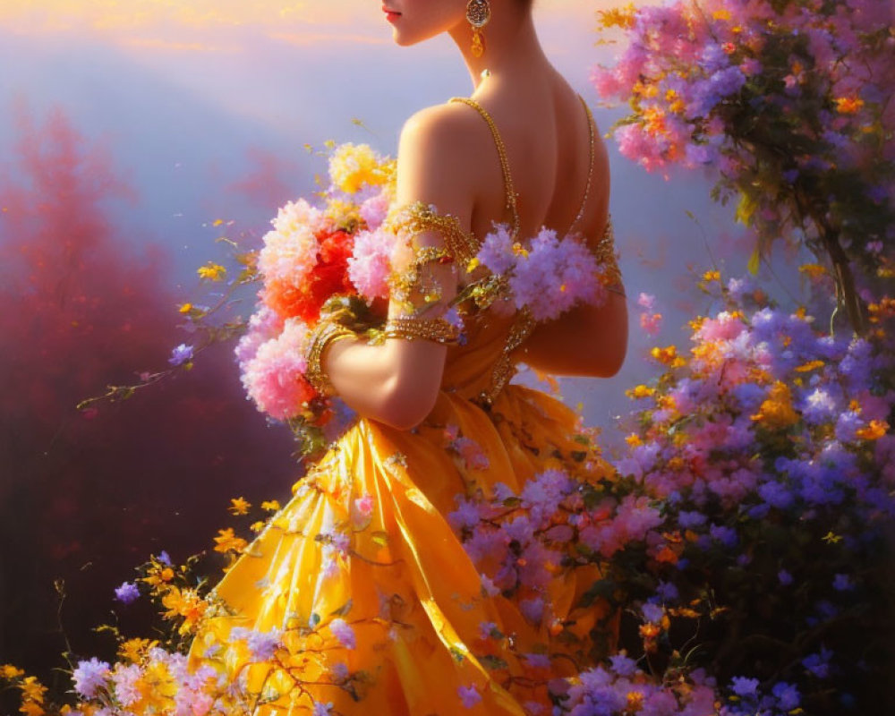 Woman in Yellow Dress Holding Flowers in Blossoming Garden at Sunset