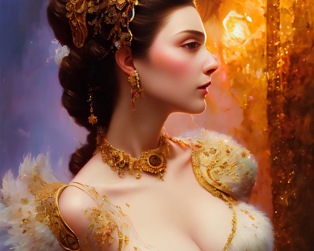 Elegant woman adorned with golden jewelry and ornate hairstyle on warm glowing backdrop